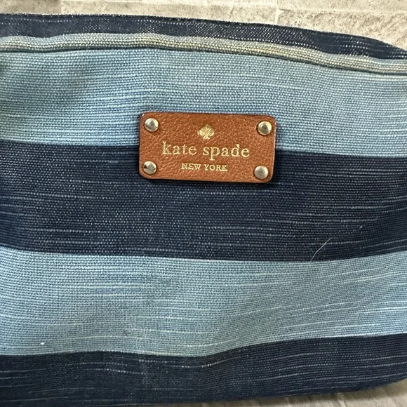 Kate Spade Denim Stripe Crossbody Camera Bag- leather Strap- Blue Brown Gold - Picture 4 of 11